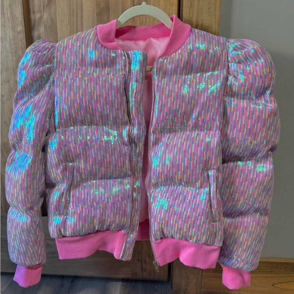 Queen of Sparkles Sequin Iridescent Rainbow Puffer Jacket - Picture 1 of 3